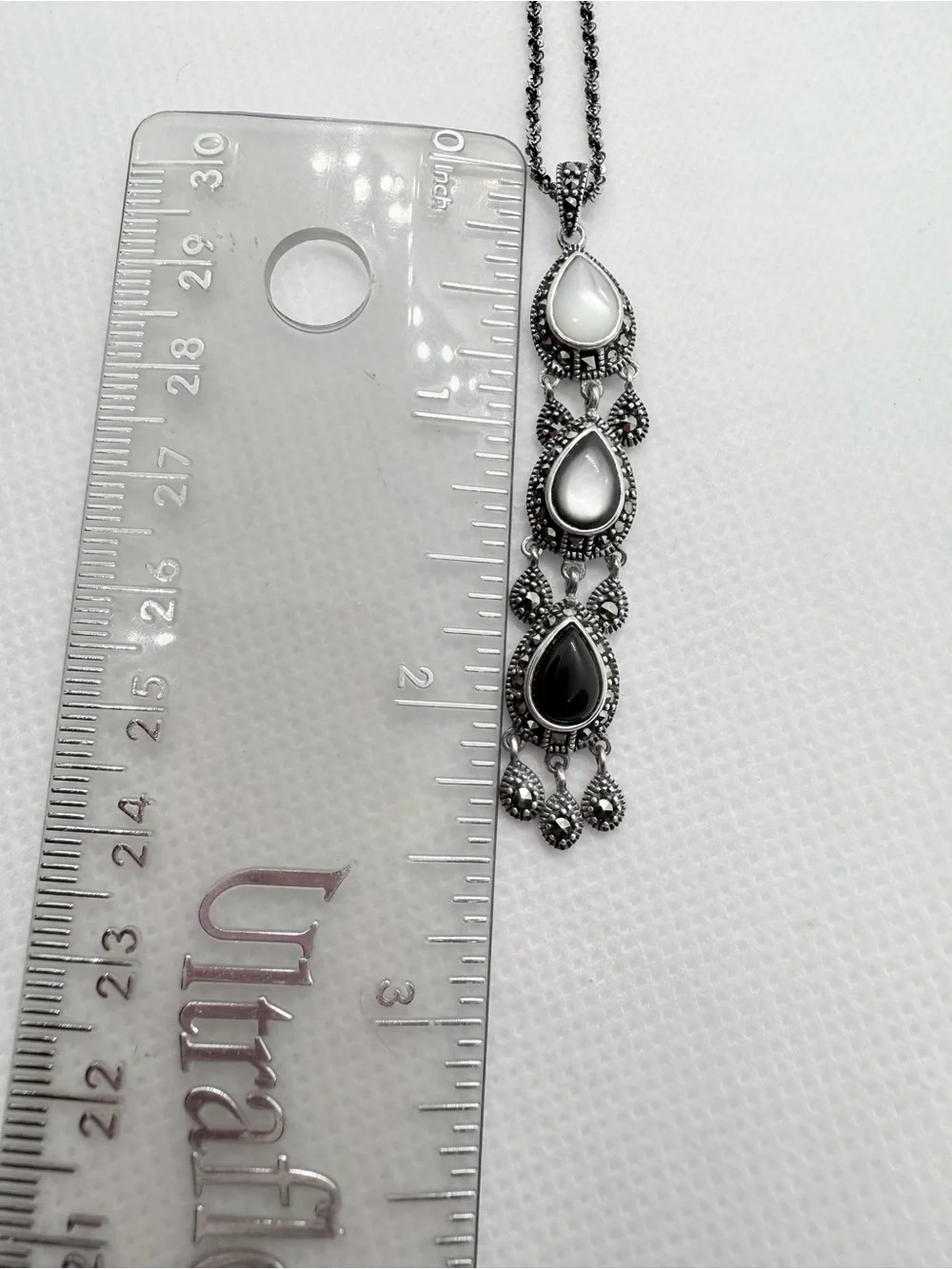Vintage Italian Art Deco Marcasite Onyx Mother of Pearl Chandelier Drop Necklace